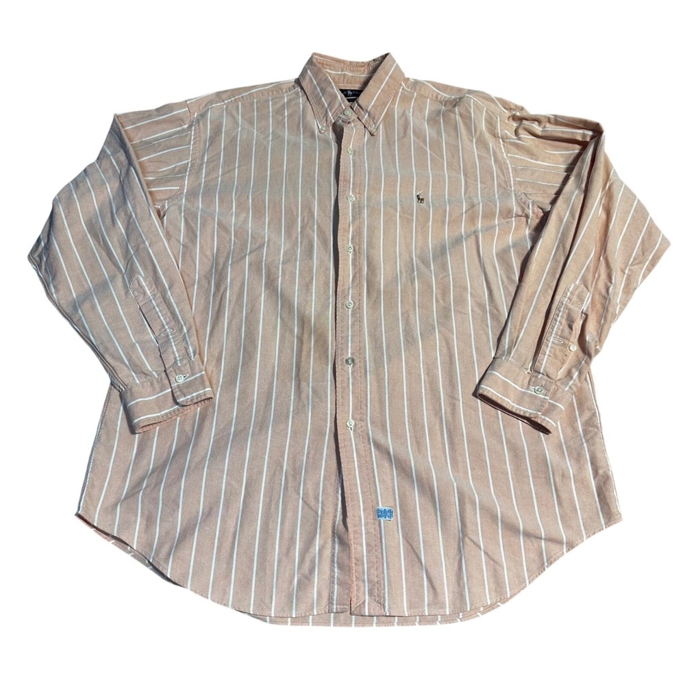 Ralph Lauren Men's Striped Button Down Shirt Orange White Classic Fit Size L